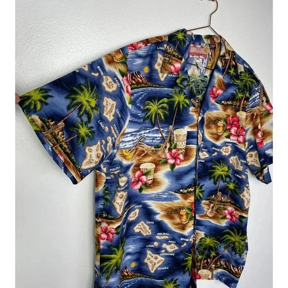 RJC Mens Short Sleeve Button Down Hibiscus Hawaiian Islands Shirt Blue Size 2XL - Picture 7 of 7